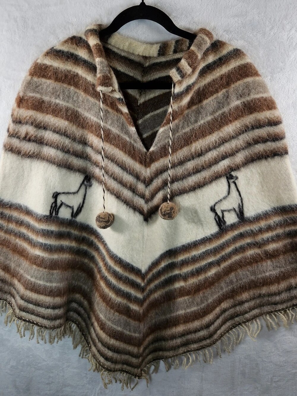 Handmade Wool Alpaca Poncho Cape Hooded Brown Stripe Llama Woven Fringe One Size